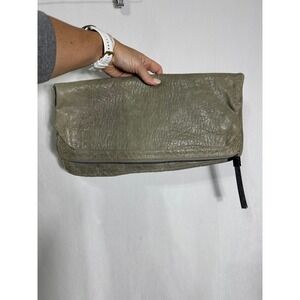 Monika Chiang Sage Green Pebbled Leather Foldover Oversized Clutch Bag Tassel